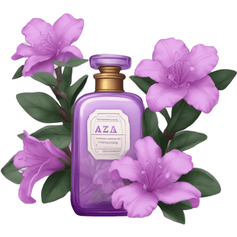 Aesthetic ensemble of soft purple azaleas alongside a charming vintage purple perfume bottle.
 emoji