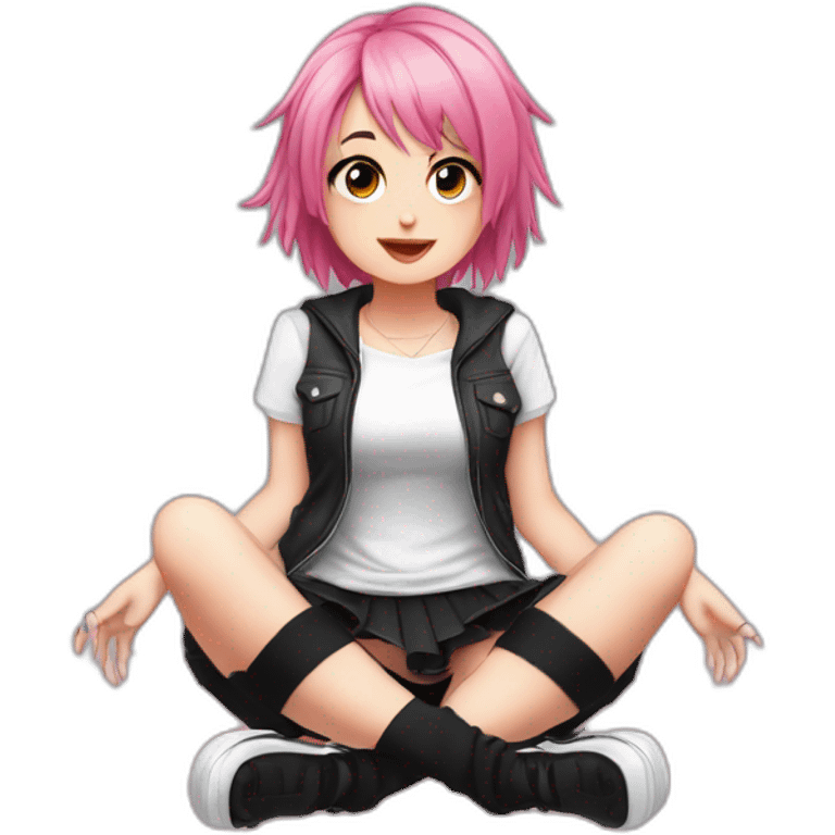 Full body Front view curvy emo girl pink hair sits on the floor straight view hands up black skirt полосатые рваные чулки emoji