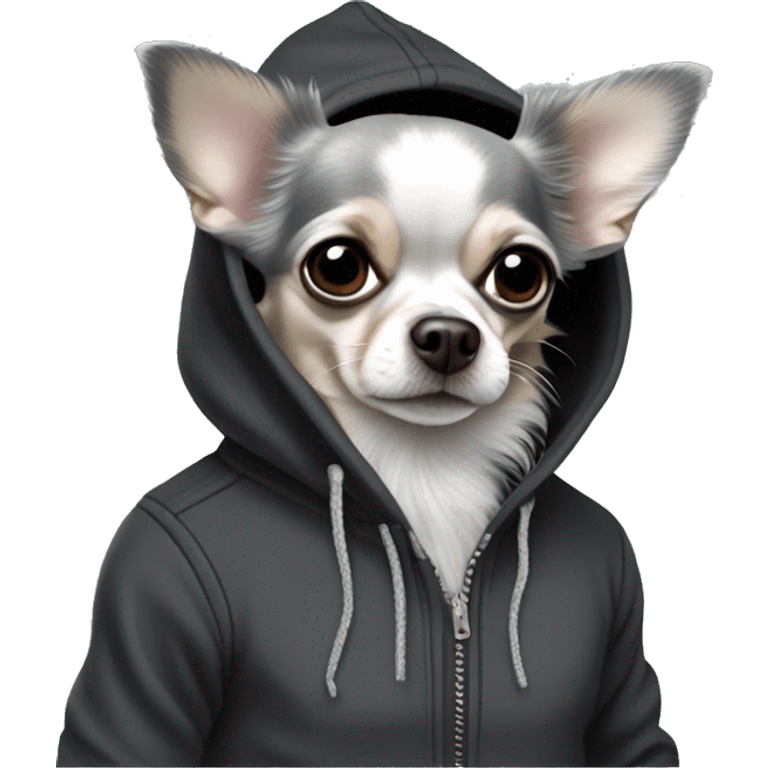 Realistic grey and light grey long hair chihuahua dog in a black hoody emoji