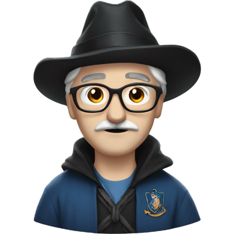 man with white skin,hair is straight and black, a black mustache, glasses, with a magic hat, ravenclaw emoji