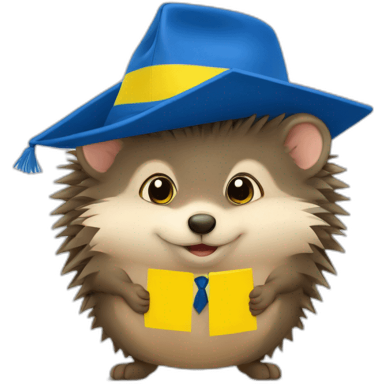 A hedgehog student in a suit in the color of the Ukrainian flag in a square academic cap emoji