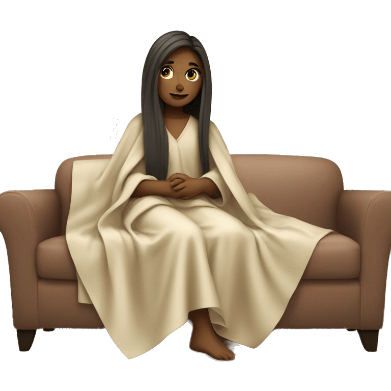 A young american women with long straight hair wearing blanket around her and sitting on sofa emoji