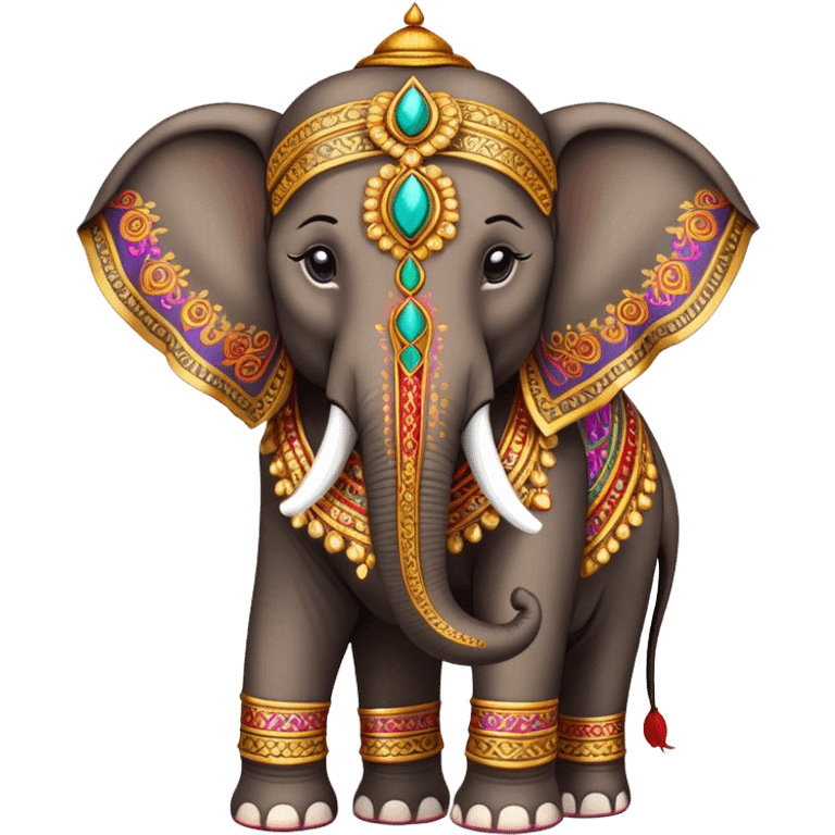 Decorated Indian elephant – Cinematic Realistic Decorated Indian Elephant, depicted as a majestic elephant adorned with vibrant, ornate ceremonial decorations and rich, colorful fabrics, set against a festive Indian backdrop with warm golden lighting that highlights its cultural significance. emoji