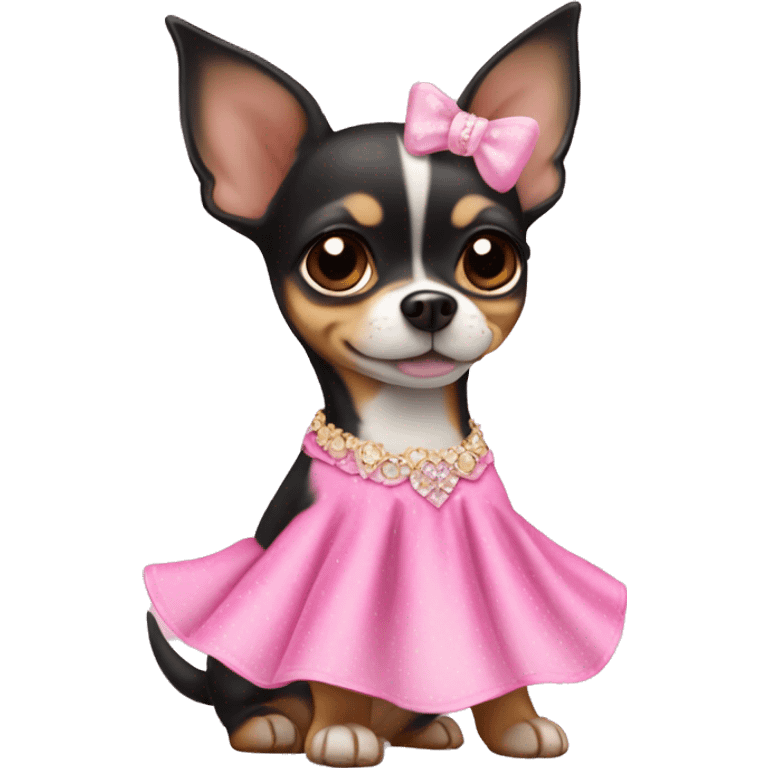 black & tan chihuahua puppy wearing a pink princess dress emoji