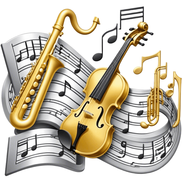 Create an elegant and artistic emoji that represents music arrangement and orchestration. The design should feature a conductor's baton, musical scores, and various orchestral instruments (e.g., violin, trumpet, electric guitar, synthesizer). Incorporate flowing lines to represent harmony and orchestral balance, along with a subtle representation of sheet music. Use rich, classical colors like gold, silver, or deep blue, and create an atmosphere of sophistication and precision. The background should be transparent. emoji