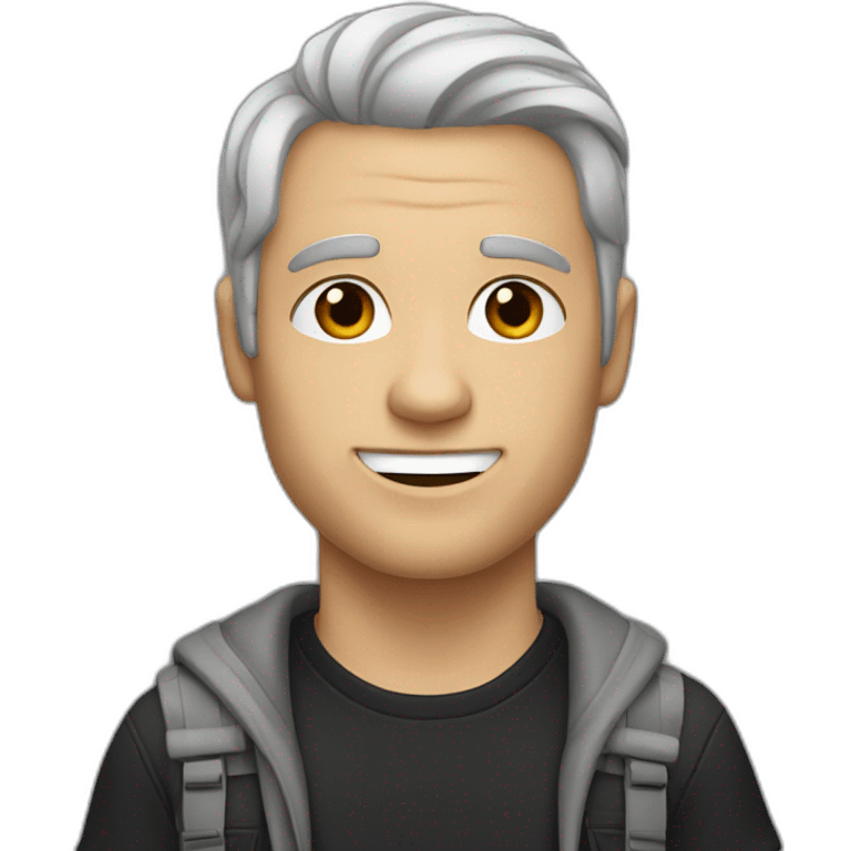 a shaved white man, with long dark brown hair, with a black t-shirt emoji