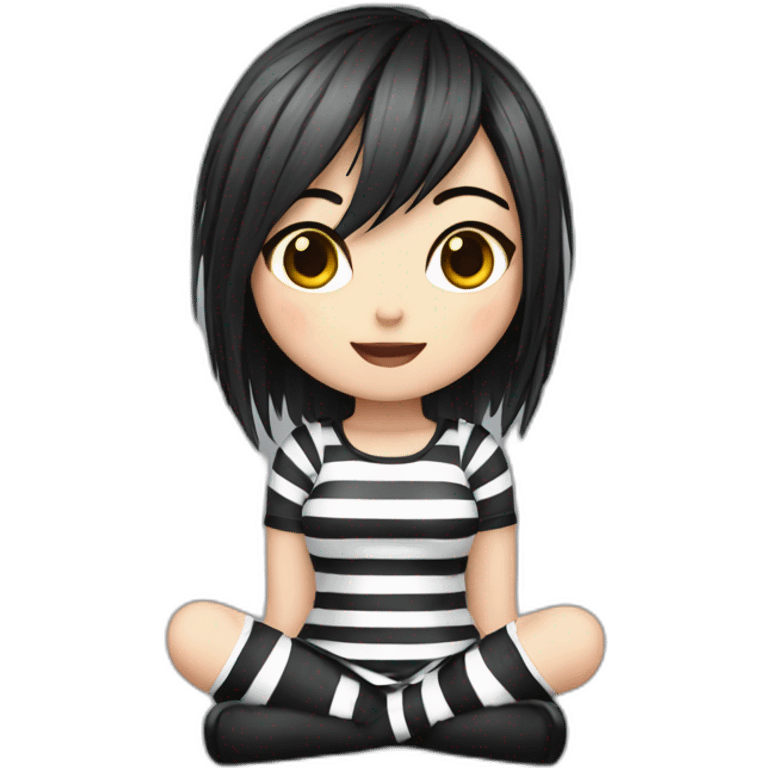 Frontal view curvy emo girl sits white skirt striped stockings hands up emoji