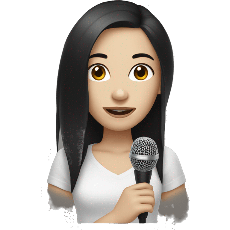 Girl with pale white skin, brown eyes, black hair holding out a microphone  emoji