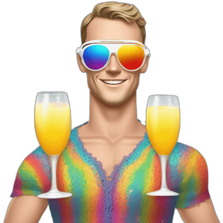 Fancy disco Jonathan Toews wearing rainbow lace shirt and wearing VR glasses and drinking a mimosa emoji