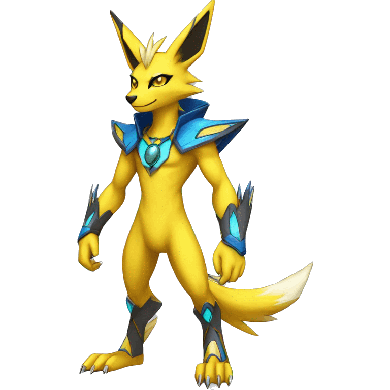 Yellow Shiny Colorful Anthro Edgy Cool Sonic-Zeraora-Anubis-Renamon-Jolteon-Pokémon-Fakémon with shiny blue markings Full Body Detailed High Quality  emoji