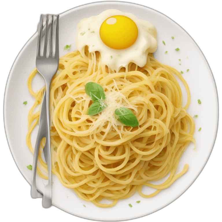 spaghetti carbonara sobre un plato grande y cubiertos para comer emoji