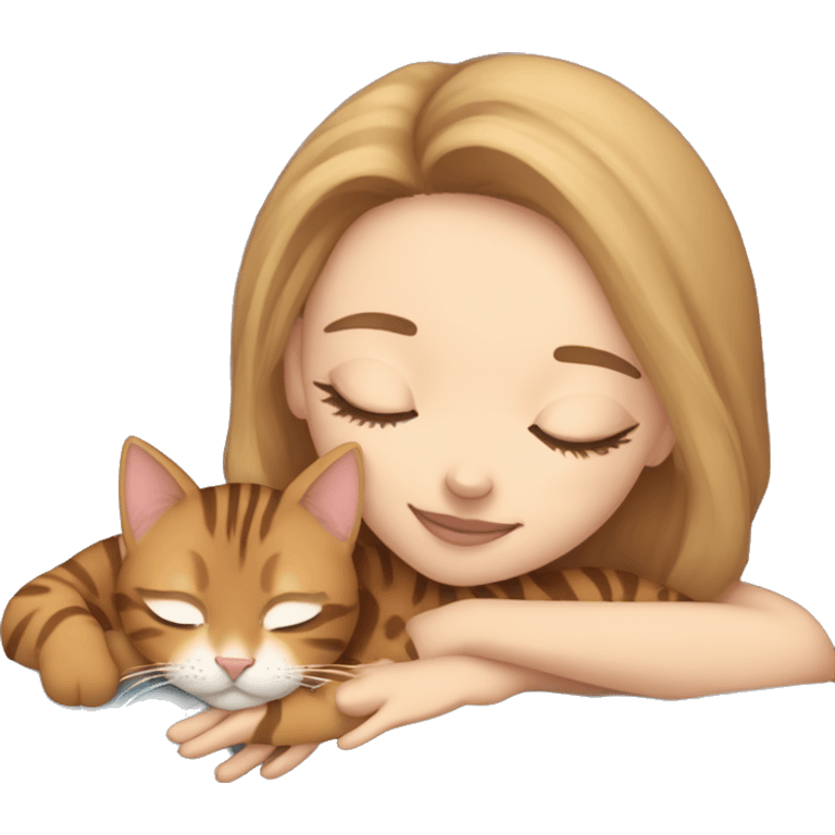 extremely light skin girl with light brown hair sleeping with cute bengal cat emoji