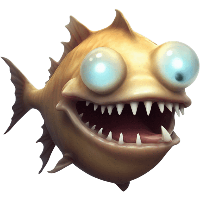 Anglerfish with a glowing lure hanging from its forehead, sharp teeth, and big eyes. emoji