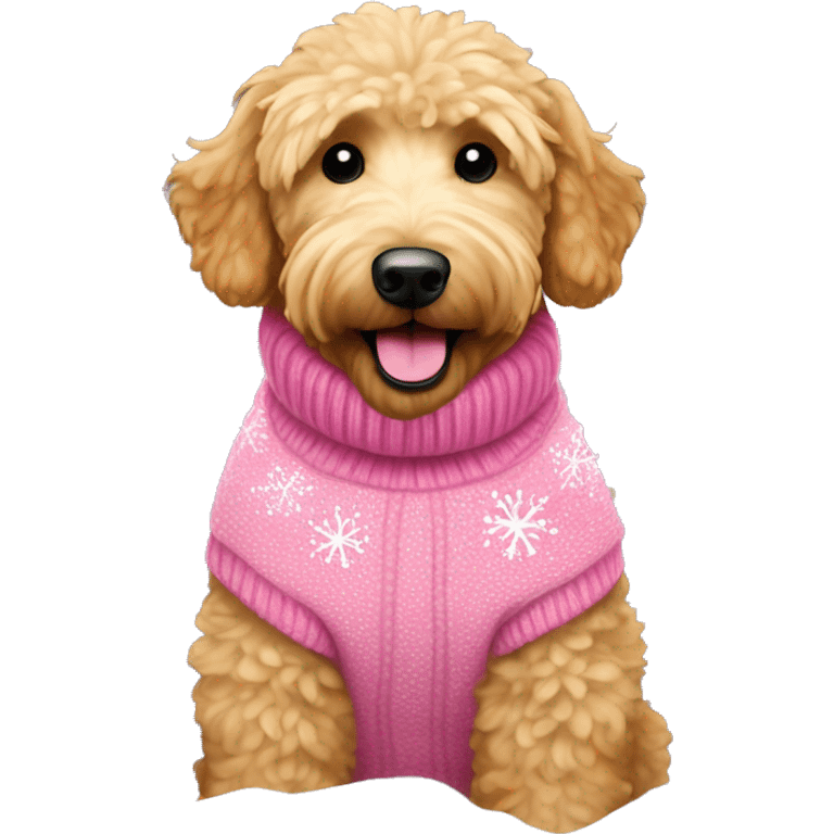 Happy Golden doodle with a pink sweater on and snow flakes  emoji