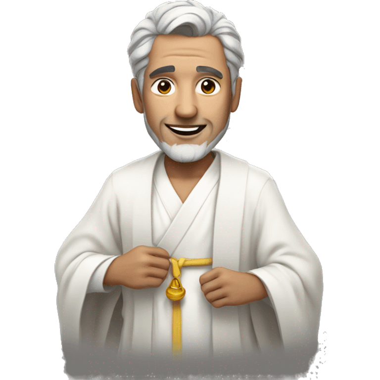 man with grey hair in long white robe giving peac emoji