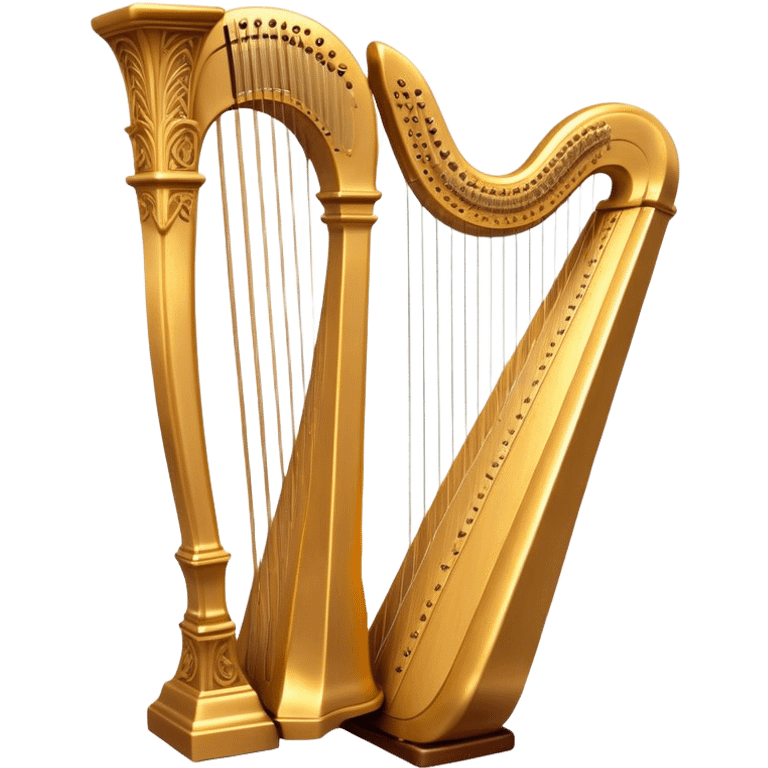 Cinematic Realistic Harp, a grand golden harp with intricately carved details, delicate strings shimmering under soft candlelight, rich wood tones adding warmth, a musician’s gentle fingers plucking a note, glowing with an ethereal and majestic aura. emoji