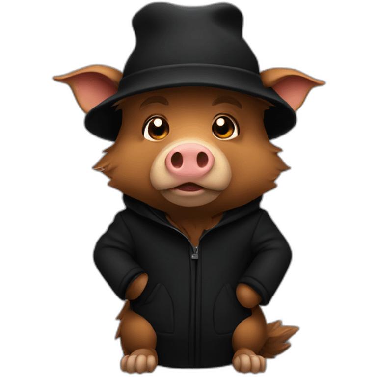 Bored brown boar in a black winter hat and black jacket emoji