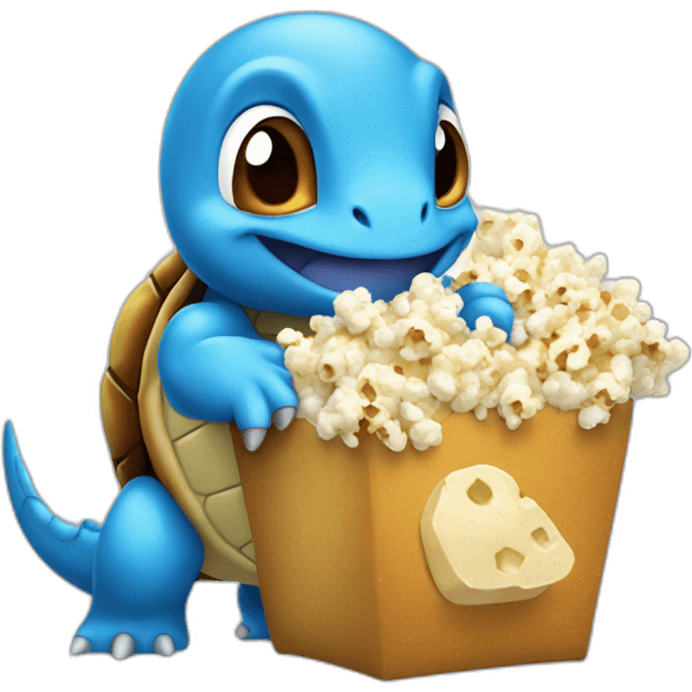 Blue cartoon Pokemon turtle with brown shell eating popcorn emoji