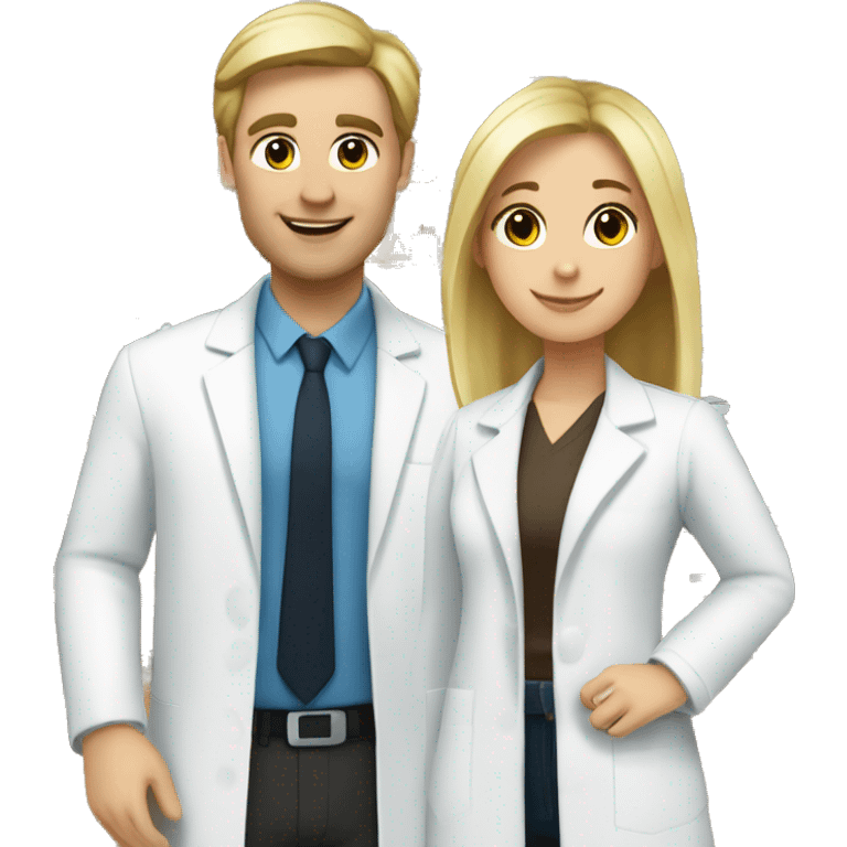 blonde female pharmacist and white male chemist with brunette hair in love emoji