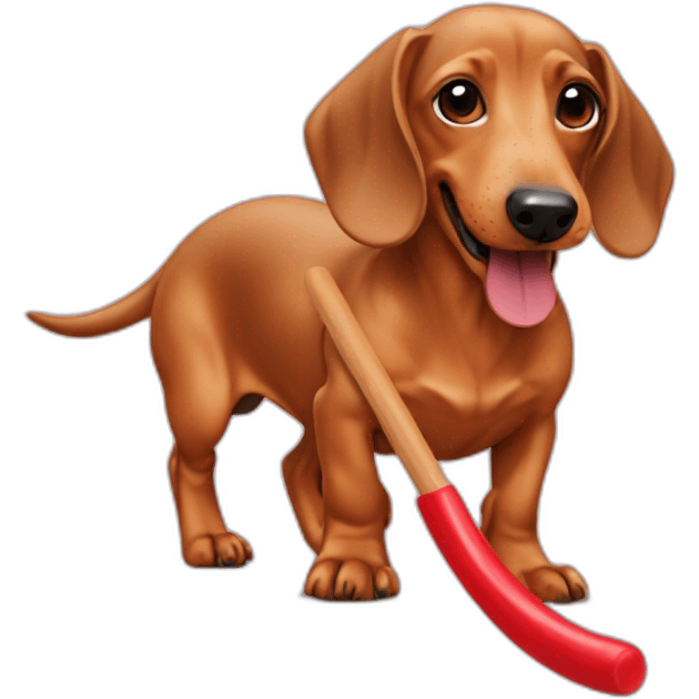 A fawn colored dachshund playing with a red rubber stick emoji