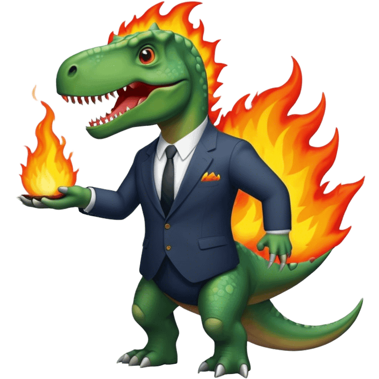 office dinosaur in a suit on a fire emoji