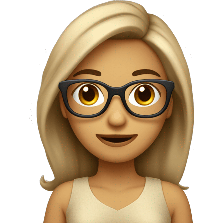 Chica con pelo castaño rizado longitud mediana. Con gafas beige. Sonriente y con vestido. emoji