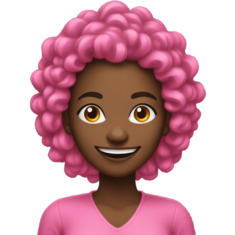 Black women with long kinky hair smiling wearing pink emoji