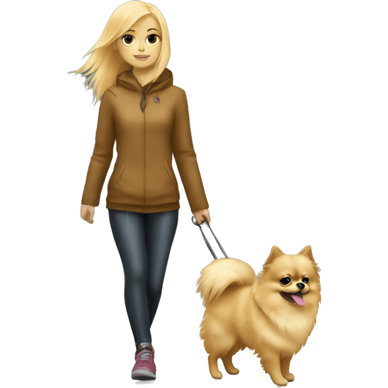 Blonde girl walking little pomeranian under the rain emoji