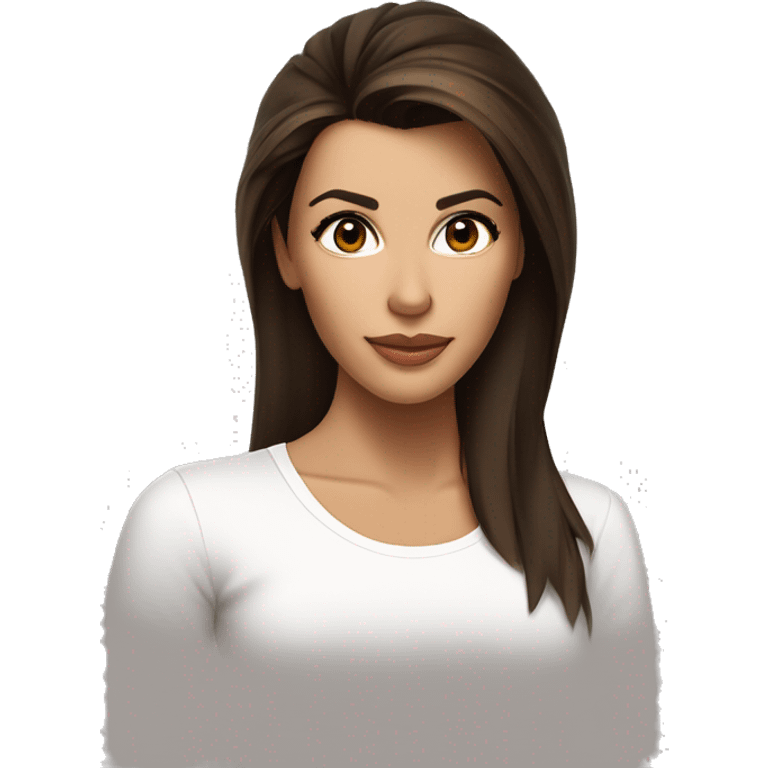 3/4 face, contrasted, shadow, light, Eva Longoria expression, relaxed, thin nose, brunette woman, hazel eyes, long eyelashes, dark shoulder shaded hair, white t-shirt emoji