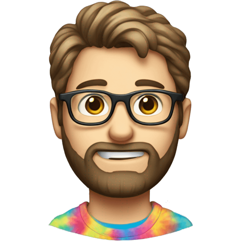 nerdy caucasian male with short brown hair and tight beard and wire rim glasses in tie dye shirt waving shyly emoji