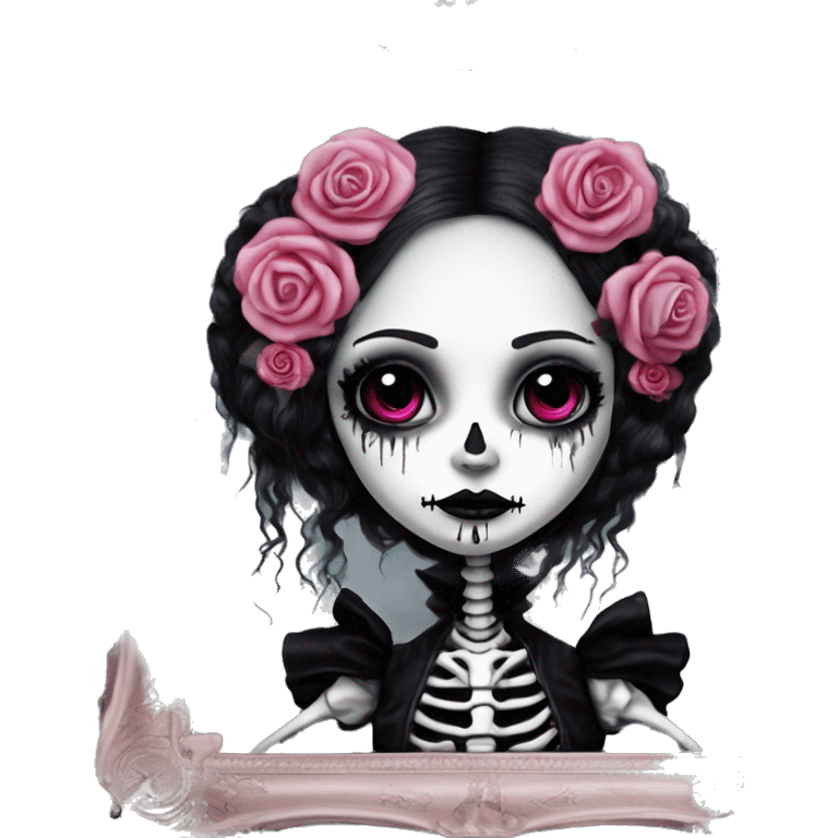 PINK LANDSCAPE PICTURE WITH FRAME: full body, hyper realism, full height skeleton, tim burton "corpse bride", thin porcelain doll with a cracked face, goth makeup watery eyes, long hair, lace and ruffles, lolita style, inked, black and white, red roses emoji