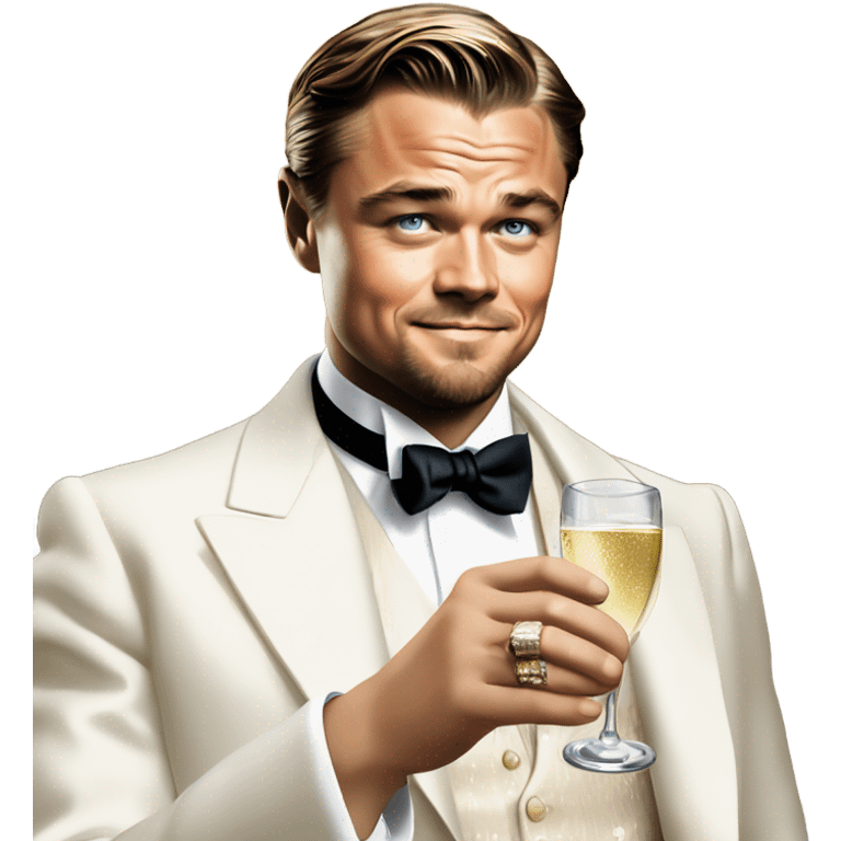 Leonardo DiCaprio as Gatsby holds a glass of champagne emoji