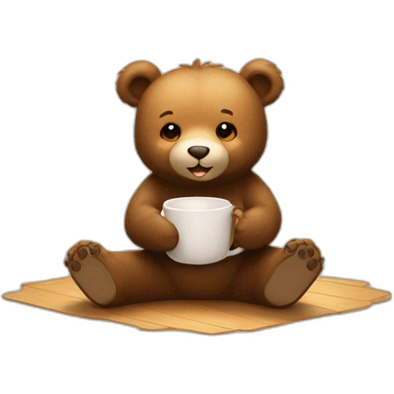 Cute bear sitting on floor with a cup of tea motioning for viewer to sit next to him emoji