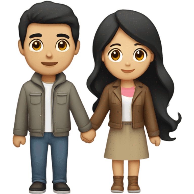 a couple holding hands. the guy has black middle part hair and is Persian and Filipino mix, wearing a jacket. the girl has brown hair white and asian mix, wearing a crop top. emoji