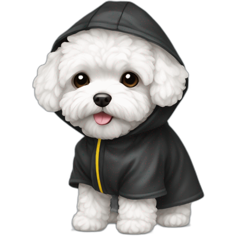 White maltipoo with black raincoat emoji