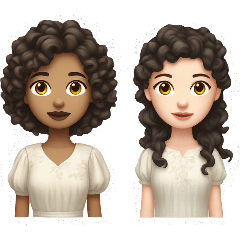 girl front profile with white pale skin, with dark brown eyes, with dark brown long curly hair mullet shag, with a white flowery dress emoji