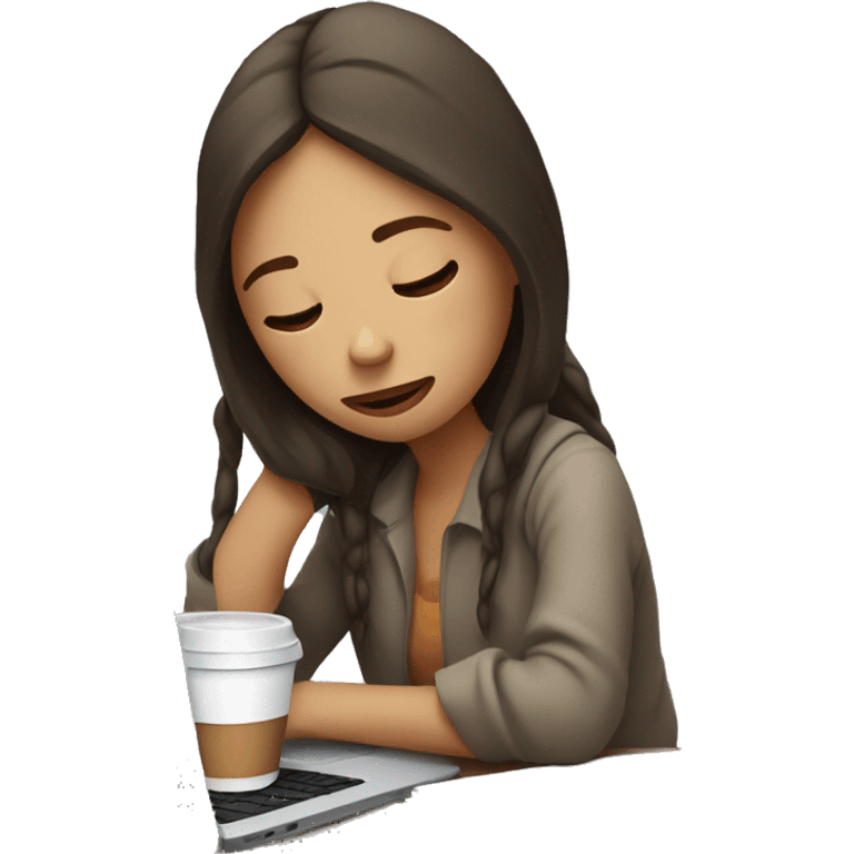 tired girl with laptop drinking a lot of coffee emoji