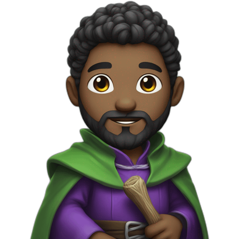 Little mage. Happy. Green cloths. Young look. Black beard. White skin. Magical Stick in hands with top purple. emoji