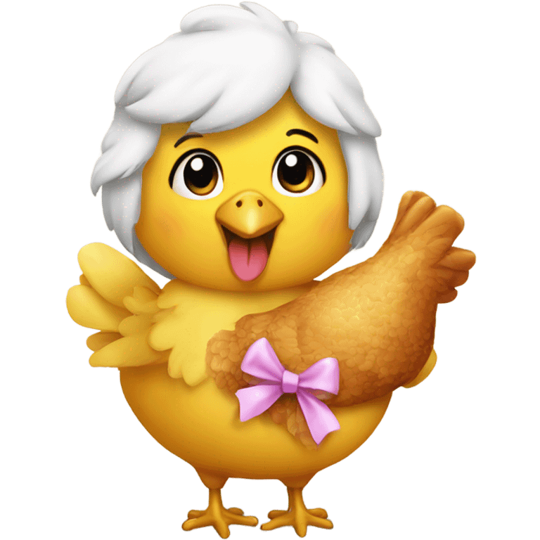 Cute girl chicken with a bow eating  emoji