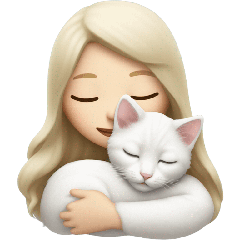 White kitty sleeping on brunette white girl's lap emoji