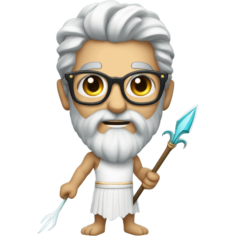 Poseidon with Trident and glasses. white dress. smile . eye blink emoji