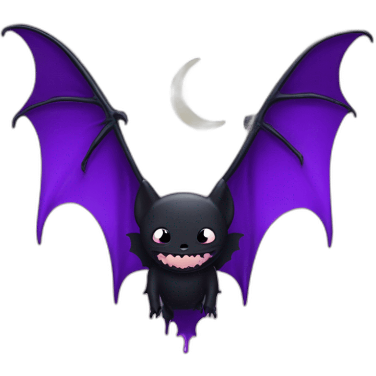 purple black vampire bat wings flying in front of large dripping crescent moon emoji