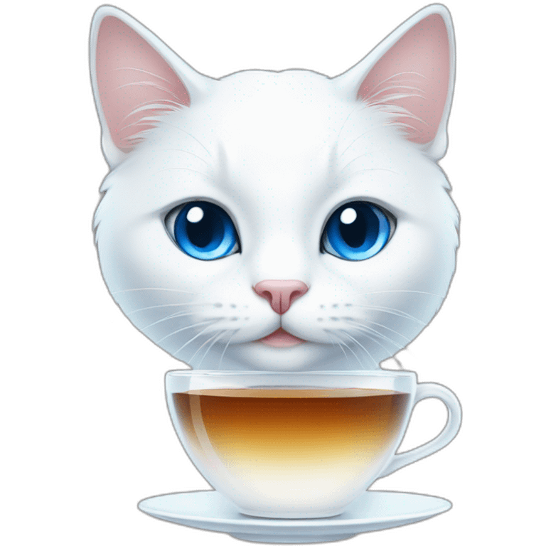 a white cat with blue eyes drinks tea emoji