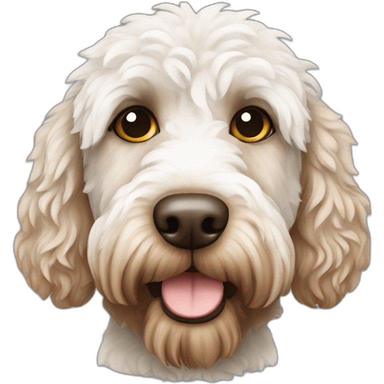 White and brown Labradoodle with brown eye patch emoji