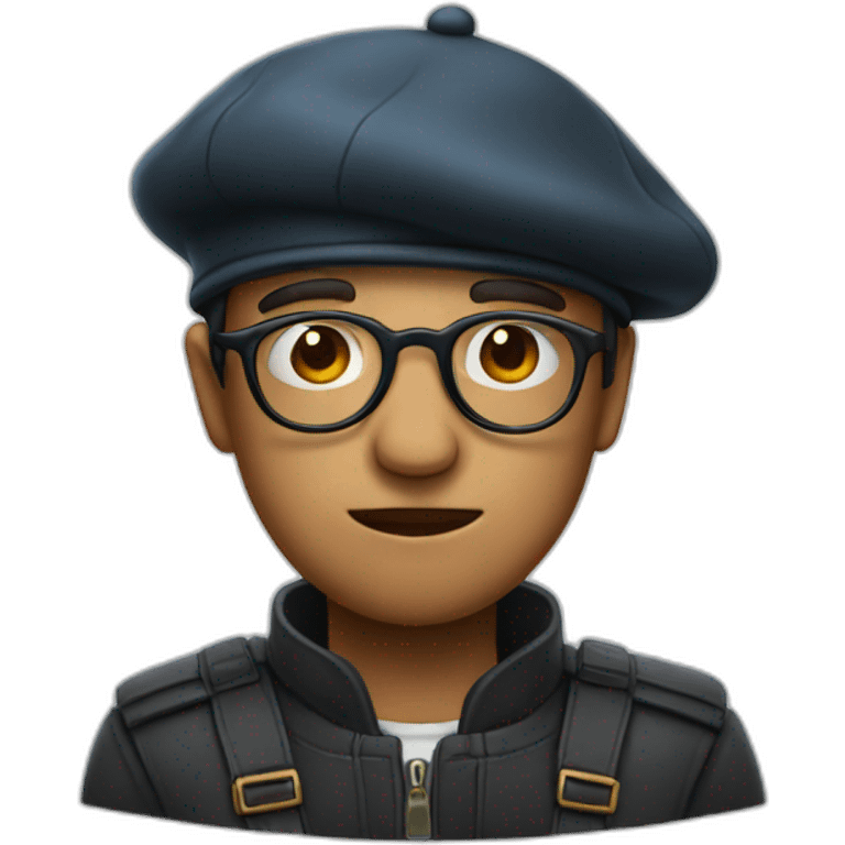 face with no emotion, glasses and backwards beret emoji