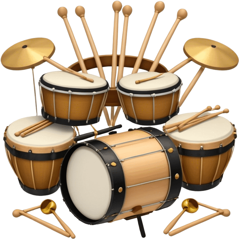 Create a professional, emblem-like emoji representing percussion instruments, including both traditional and folk drums. Feature a snare drum, bass drum, timpani, cymbals, marimba, tambourine, djembe, bongos, cajón, triangle, castanets, and ratchets in a balanced, heraldic composition. Crossed drumsticks at the center symbolize rhythm, while a ribbon of musical notes weaves around the instruments. Use rich gold, mahogany, and silver tones with polished highlights. Add laurel wreaths and subtle engravings for a grand, festive feel. The design should be harmonious, visually complete, and on a transparent background. emoji