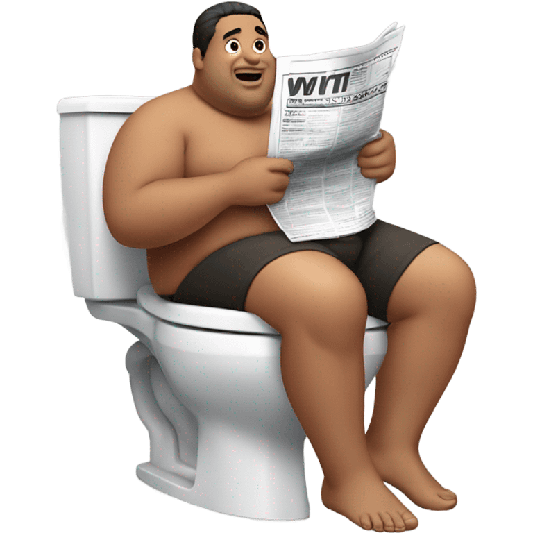 fat guy sitting on toilet reading newspaper no shirt front view emoji