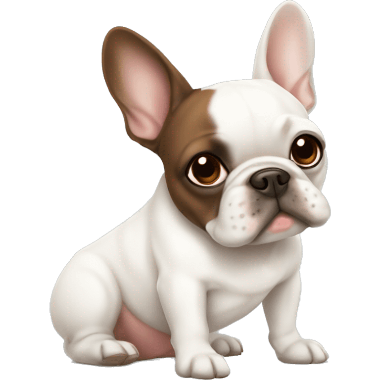 white french bulldog  with a brown stan on a right eye emoji