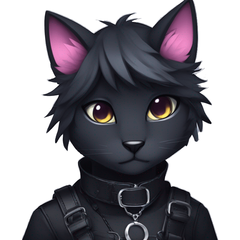 Gorgeous furry gothic dark techwear anime style anthro black cat furry sona Fakemon with blushing face aesthetic and pretty edgy black with collar and harness trending style emoji