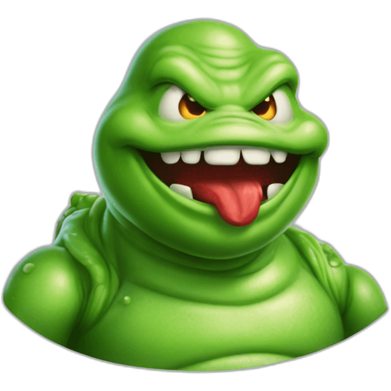 Slimer ghostbusters friendly no collar holding an apple emoji